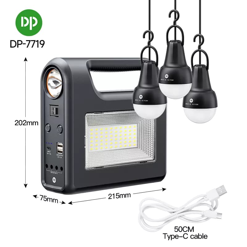 پکیج روشنایی خورشیدی قابل حمل DP-7719 | باتری ۸۰۰۰ mAh و سه لامپ LED — تصویر ۲