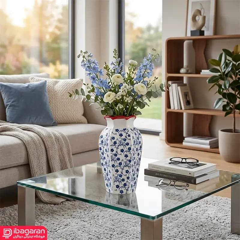 گلدان خمره ای سرامیکی طرح شکوفه آبی