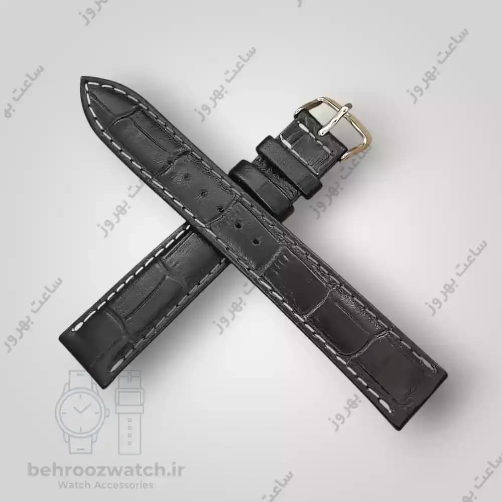 بند ساعت چرم طبیعی PG طرح کروکودیل مشکی دوخت سفید سایز ۱۸ — تصویر ۳