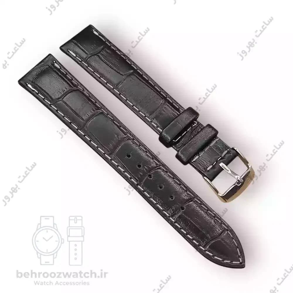 بند ساعت چرم طبیعی PG طرح کروکودیل مشکی دوخت سفید سایز ۱۸ — تصویر ۲