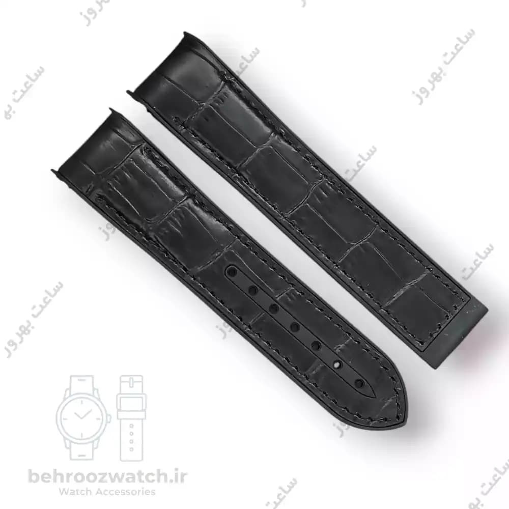 بند ساعت امگا سیمستر مشکی با رویه چرم طرح کروکودیل و زیره رابر (مدل غواصی)