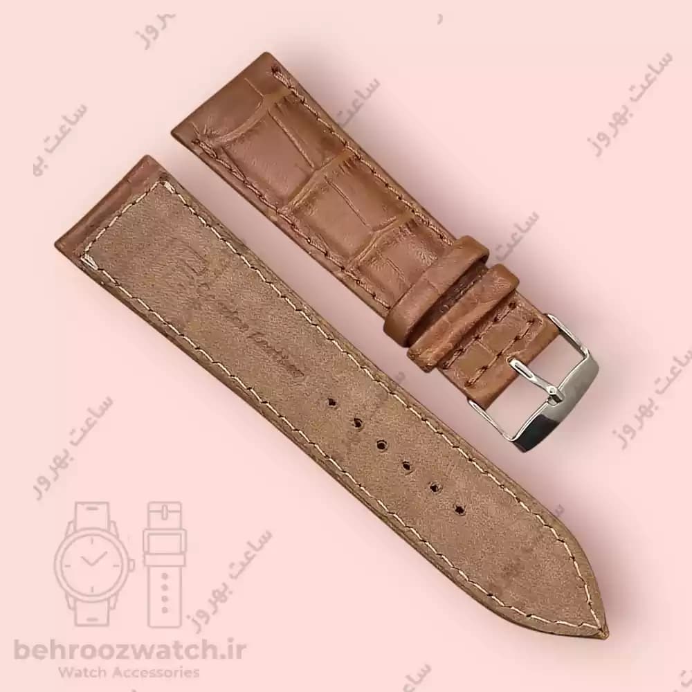 بند ساعت چرم طبیعی PG کروکودیل قهوه ای متوسط (سایز 24) — تصویر ۳