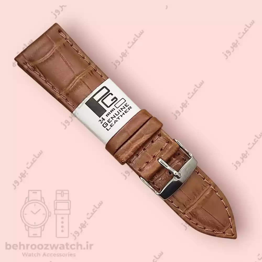 بند ساعت چرم طبیعی PG کروکودیل قهوه ای متوسط (سایز 24)