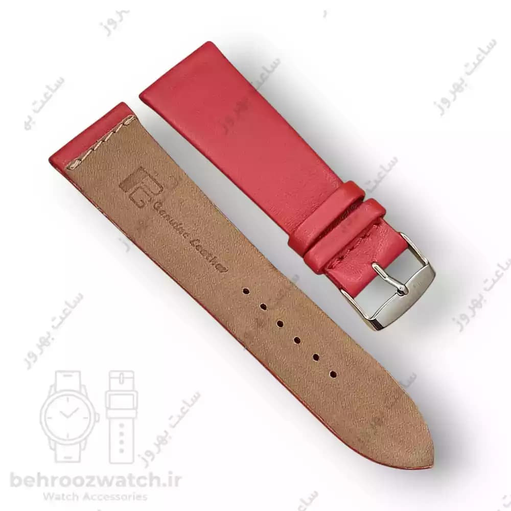 بند ساعت چرم طبیعی PG ساده بدون دوخت قرمز تند (سایز 24) — تصویر ۳