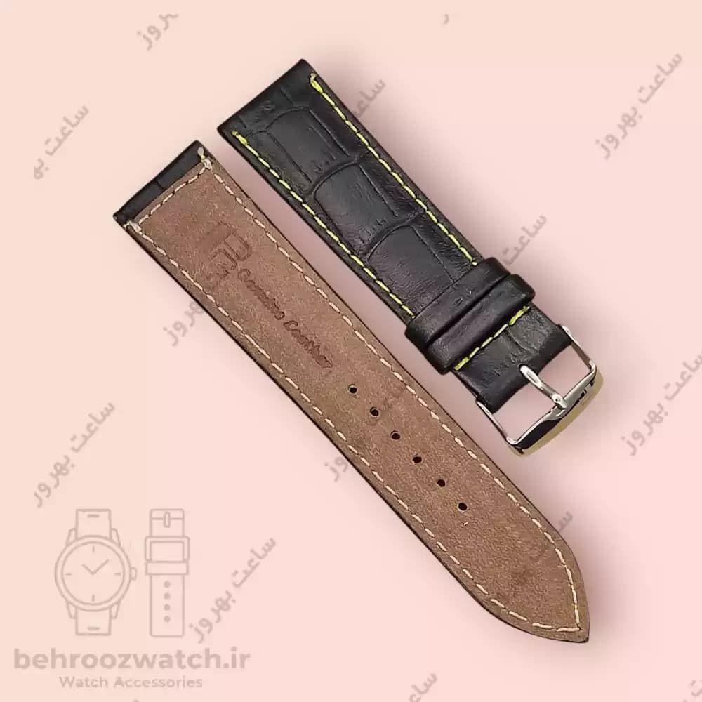 بند ساعت چرم طبیعی PG طرح کروکودیل مشکی دوخت زرد (سایز 22) — تصویر ۳