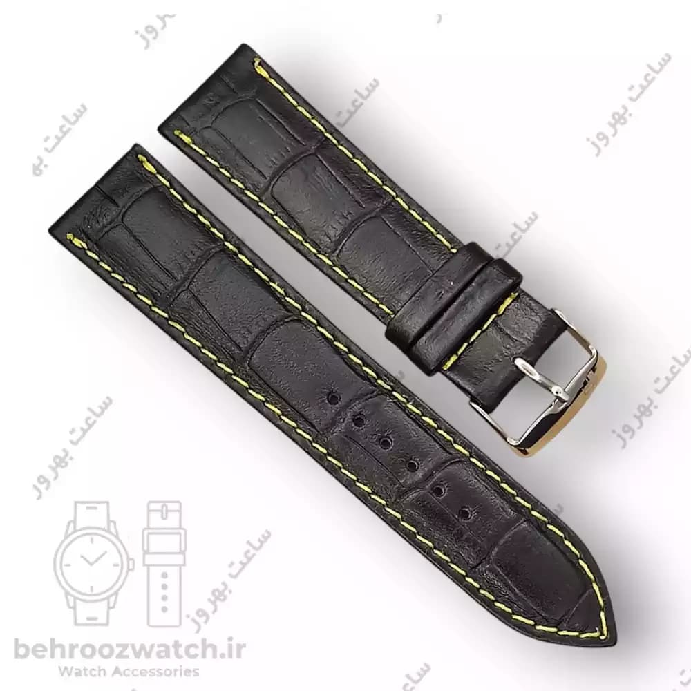 بند ساعت چرم طبیعی PG طرح کروکودیل مشکی دوخت زرد (سایز 22) — تصویر ۲