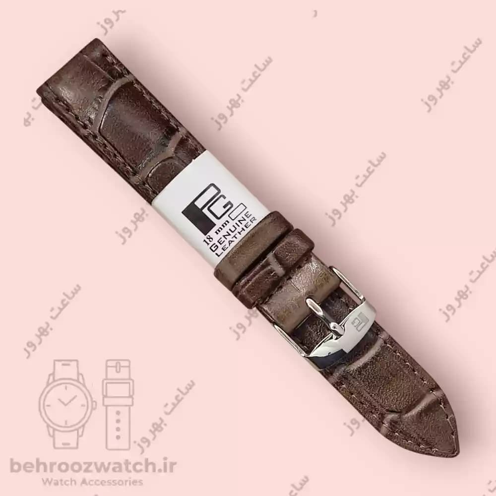 بند ساعت چرم طبیعی PG طرح کروکودیل قهوه ای خاکستری (سایز ۱۸)