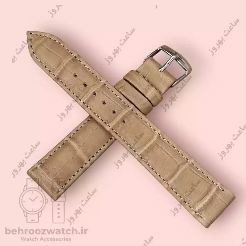 بند ساعت مچی چرم طبیعی خاکی طرح کروکودیل سایز 18 — تصویر ۴