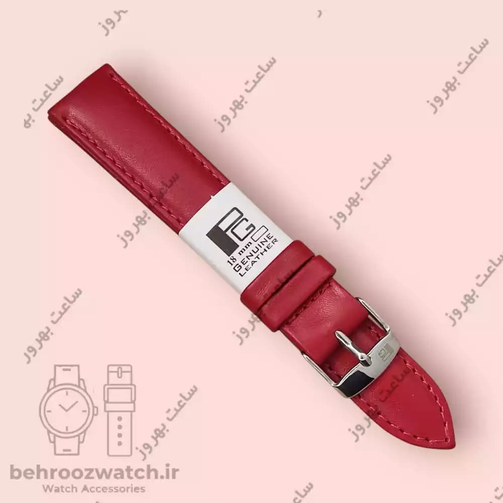 بند ساعت مچی چرم طبیعی PG سایز ۱۸ قرمز تند
