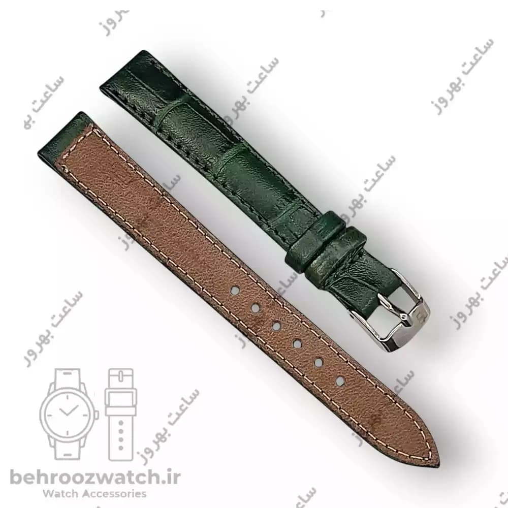 بند ساعت مچی زنانه چرم طبیعی PG طرح کروکودیلی سبز سایز 14 — تصویر ۳