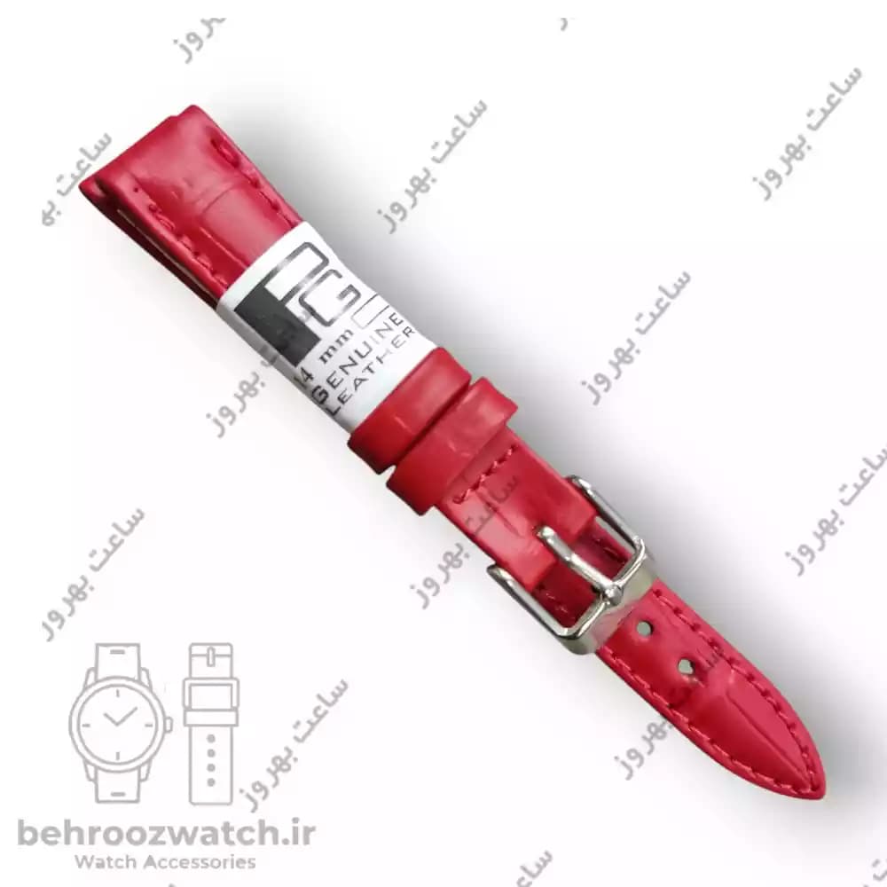 بند ساعت مچی زنانه چرم طبیعی PG طرح کروکودیلی براق قرمز سایز 14