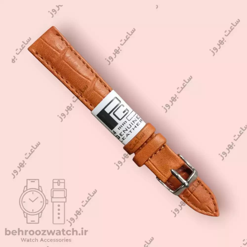 بند ساعت مچی زنانه چرم طبیعی PG طرحدار کروکودیلی عسلی پررنگ سایز 14