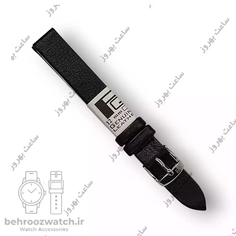 بند ساعت مچی زنانه چرم طبیعی PG ساده بدون دوخت مشکی سایز 12 — تصویر ۳
