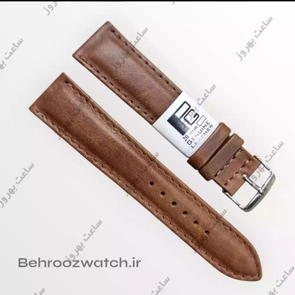 بند ساعت مچی مردانه چرم طبیعی PG ساده قهوه ای متوسط سایز 20 — تصویر ۳