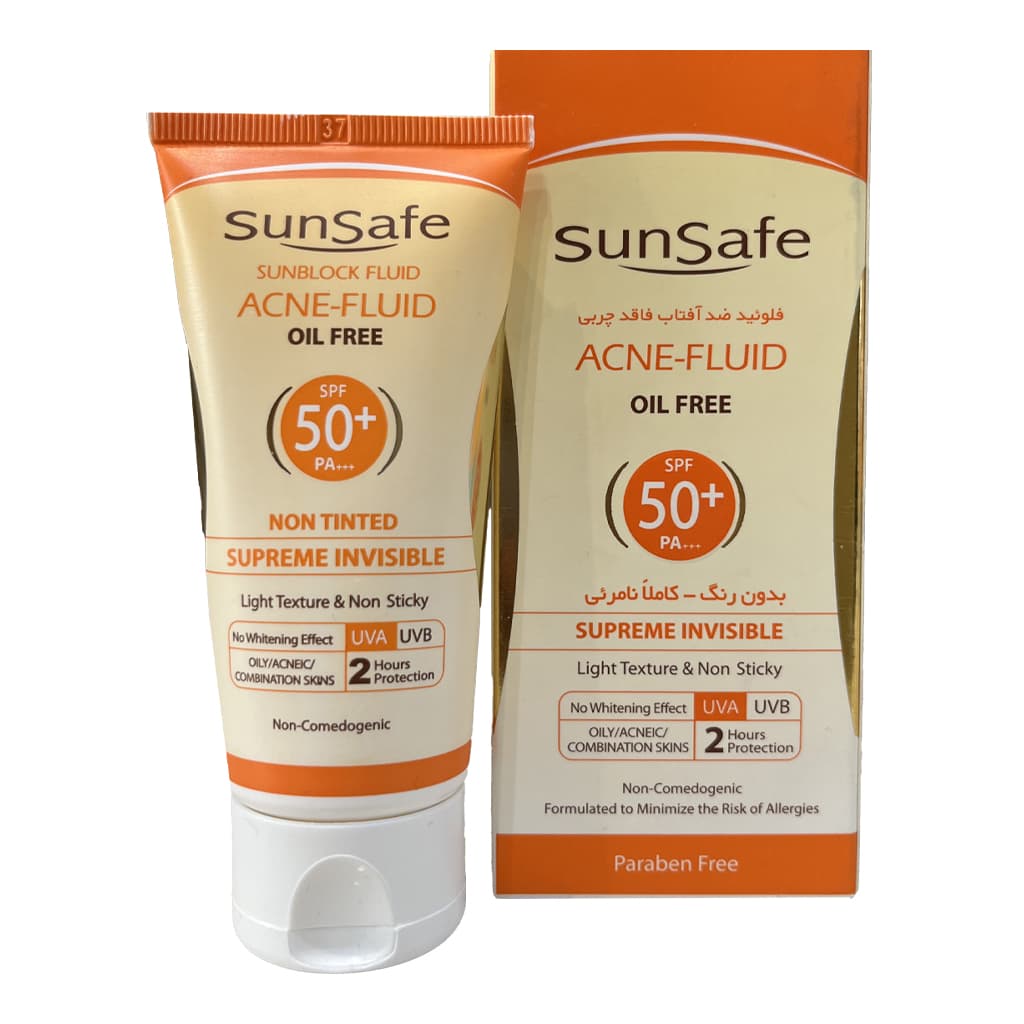 ضد آفتاب سان سیف آکنه فلوئید بی رنگ +SPF 50 فاقد چربی مناسب پوست های چرب و جوش دار