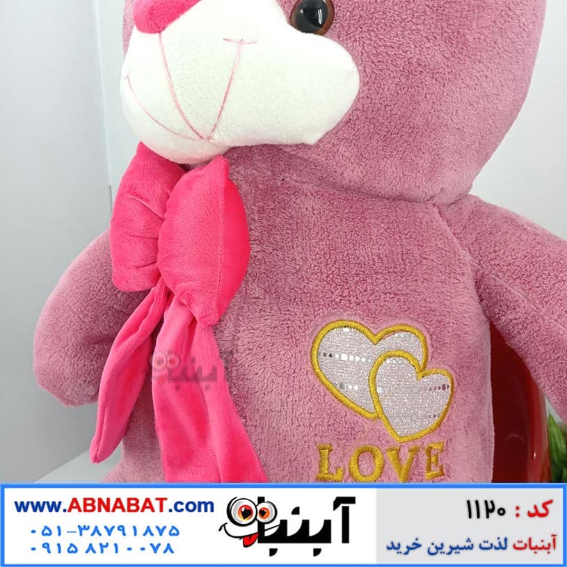 عروسک خرسی صورتی(کالباسی) 100 سانت پاپیون دار طرح 2 قلب-کد1120 — تصویر ۲