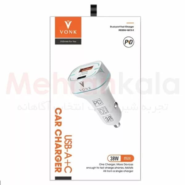 شارژر فندکی فست شارژ 38 وات وونک مدل Dual Port USB A+C