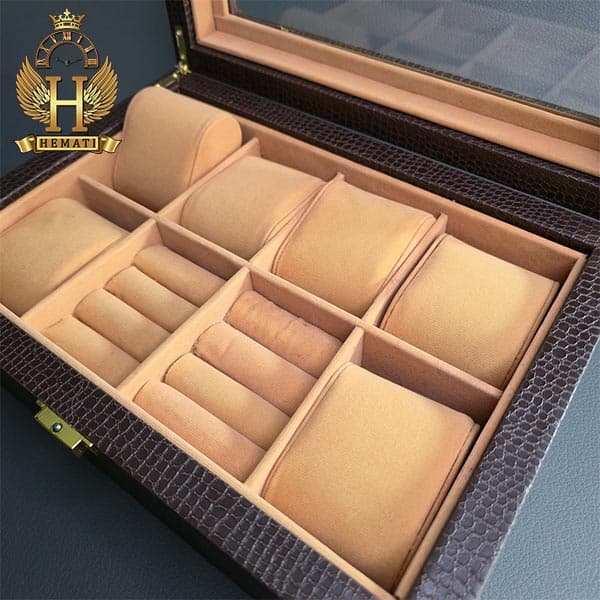 جعبه ساعت و انگشتر کلکسیونی 8 تایی روکش گالینگور BOXG200 (قهوه ای داخل کرم) — تصویر ۴