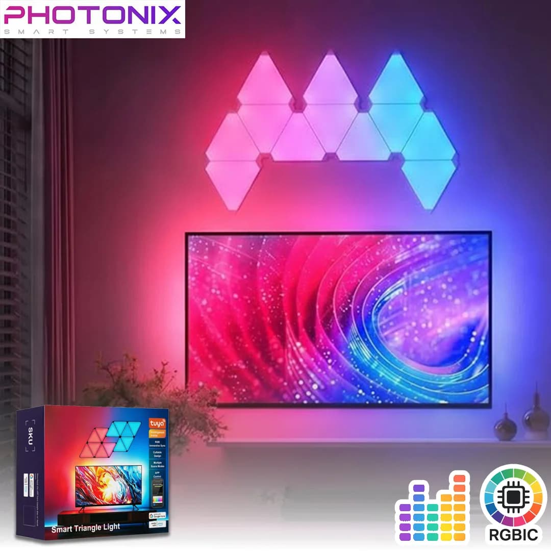 سینککیت تلویزیون | پنل دیواری 6 تکه هوشمند مثلثی RGB فوتونیکس – سوپر اسلیم – مدل PX-TSTL-55 با قابلیت سینک با تصویر تلویزیون (Sync Box Kit)