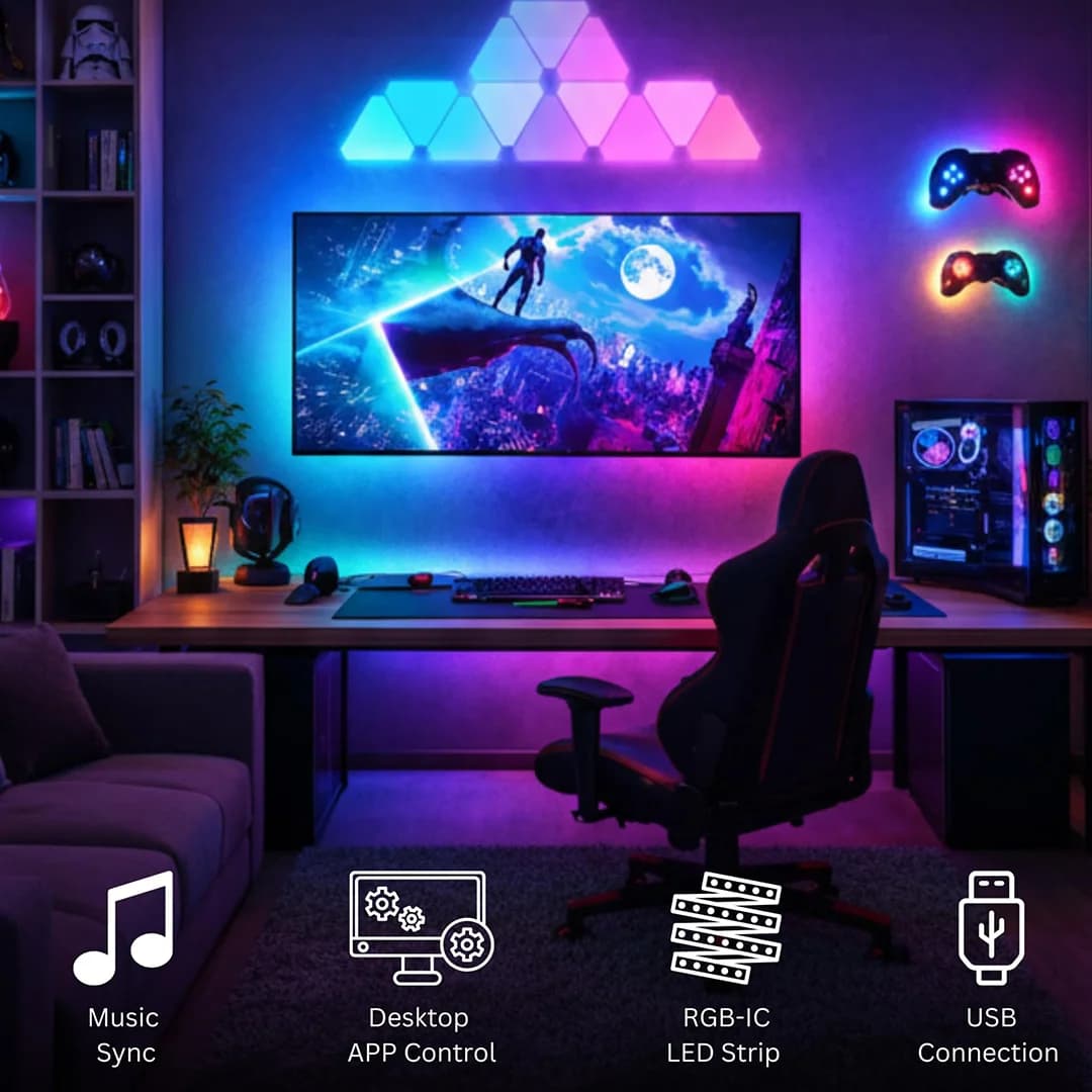 سینککیت مانیتور | پنل دیواری 6 تکه هوشمند مثلثی RGB فوتونیکس – سوپر اسلیم – مدل PX-PSTL-01 با قابلیت سینک با تصویر مانیتور (PC-Sync) — تصویر ۴