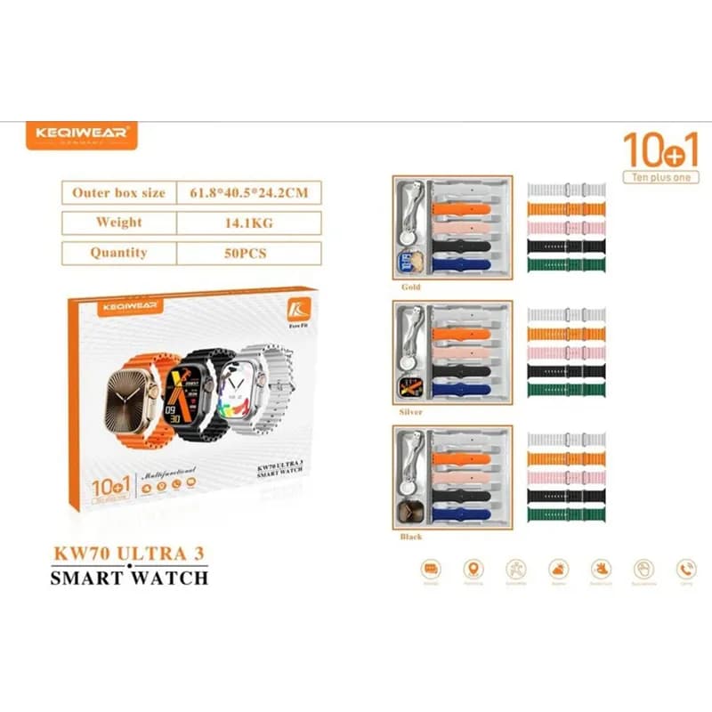 ساعت هوشمند مدل KW32 MAX با 6 بند سیلیکونی و یک بند استیل — تصویر ۲