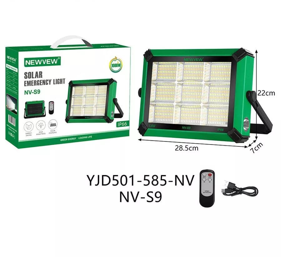 پروژکتور LED شارژی خورشیدی 1000 وات NEWVEW مدل NV-S9 | چراغ اضطراری خورشیدی با فلاشر قرمز و آبی، ریموت کنترل، خروجی USB
