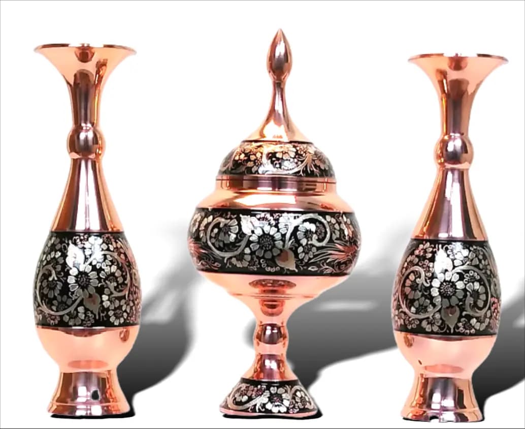 شکلات خوری و گلدان مس الماس تراش نقره کوب 30س