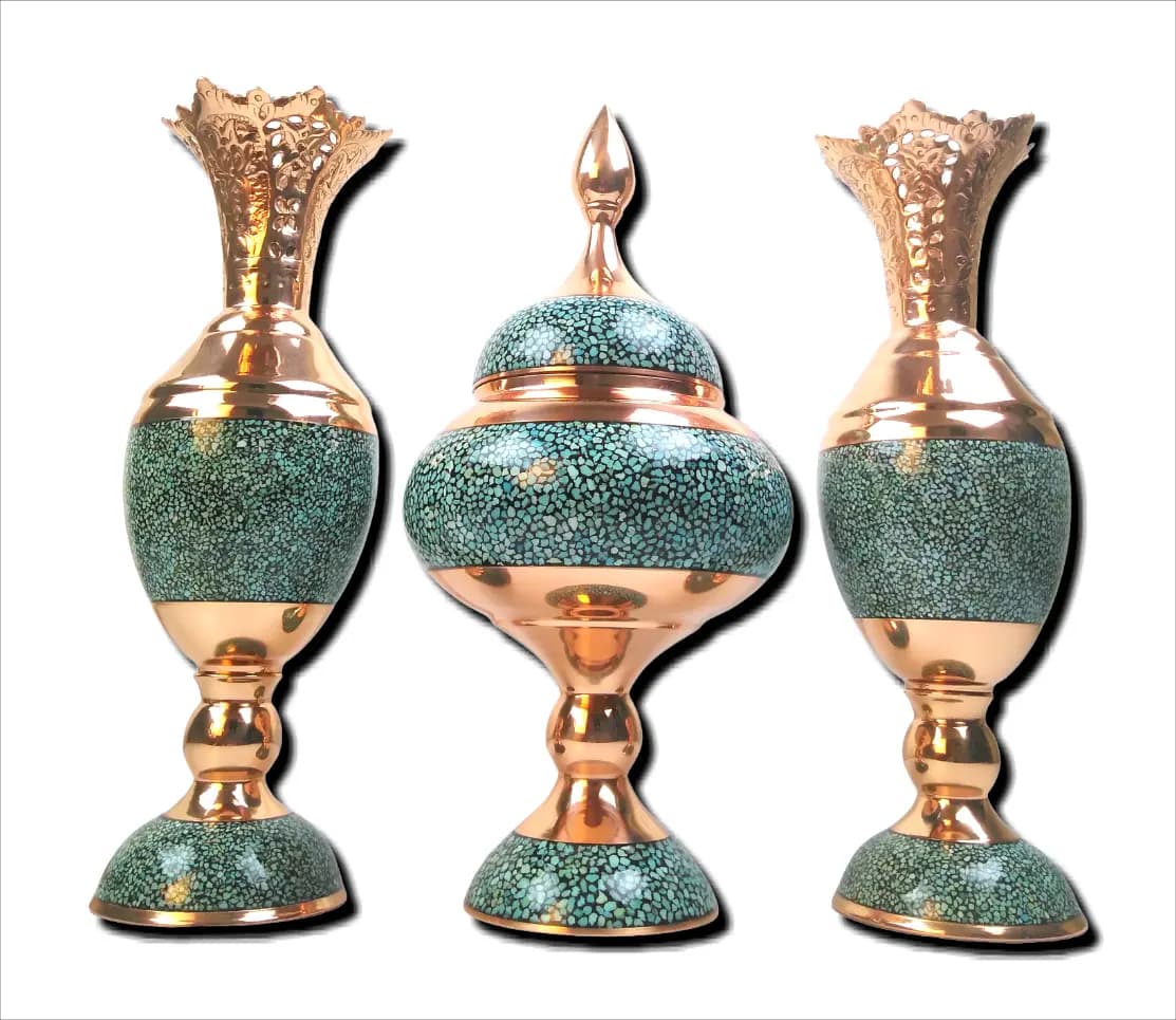 ست شکلات خوری و سنبلدان مس و فیروزه(ارتفاع 32س) — تصویر ۲