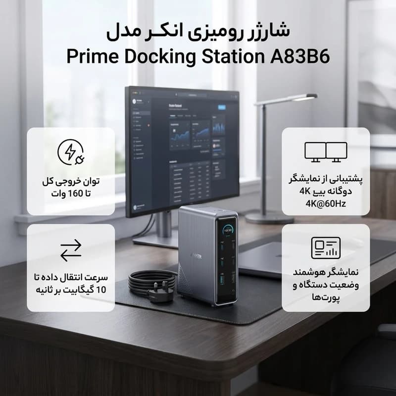 شارژر رومیزی انکر مدل Prime Docking Station A83B6 | هاب 14 پورت — تصویر ۳