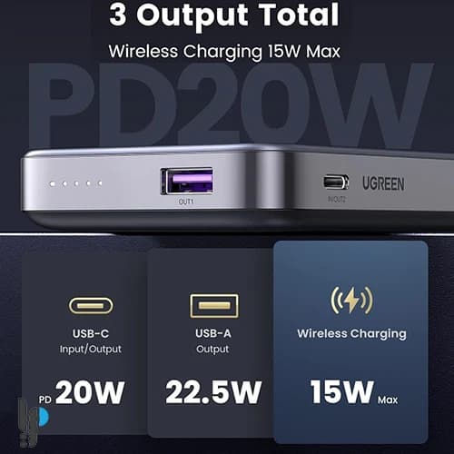 پاوربانک مگنتی 20 وات یوگرین مدل Ugreen Magnetic PB206 کد 15086 ظرفیت 10000 میلی آمپر ساعت — تصویر ۵