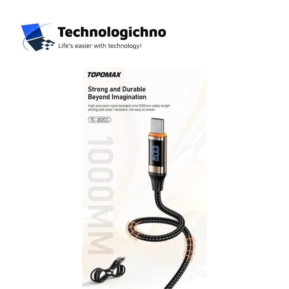 کابل شارژ دو سر تایپ سی ۱۰۰ وات برند TOPOMAX مدل TC-302CC به همراه نمایشگر وضعیت شارژ