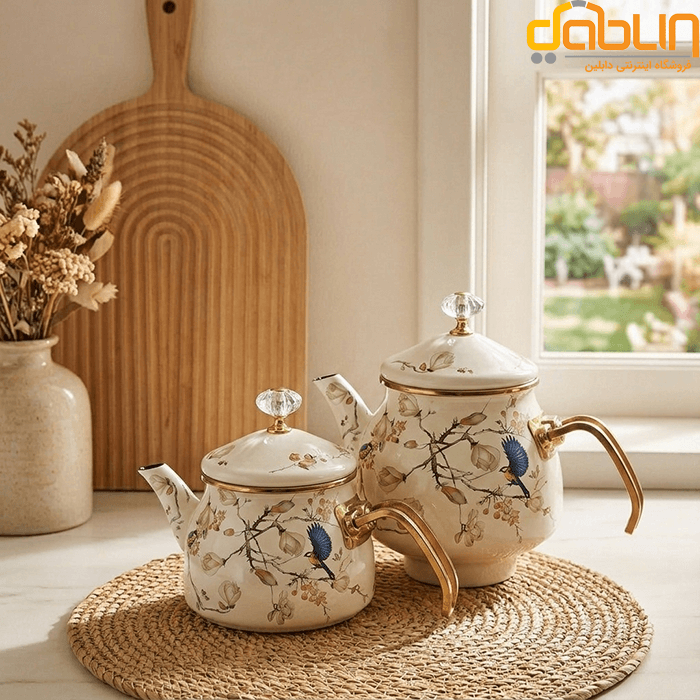 کتری و قوری لعابی طرح گنجشک صورتی شاهین دسته استیل طلایی