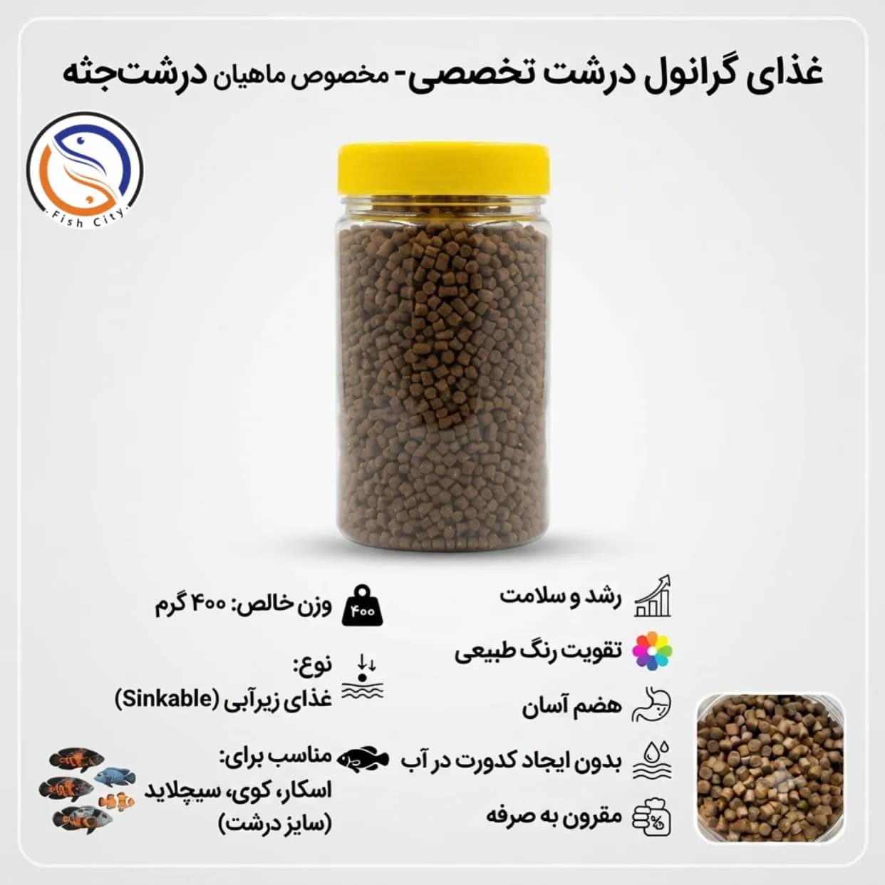 غذا ماهی مخصوص ماهیان درشت وزن 400 گرم