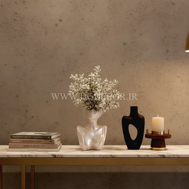 گلدان دکوراتیو سنگ مصنوعی سفید صدفی؛ انتخابی مینیمال و خاص برای دکوراسیون مدرن — تصویر ۳