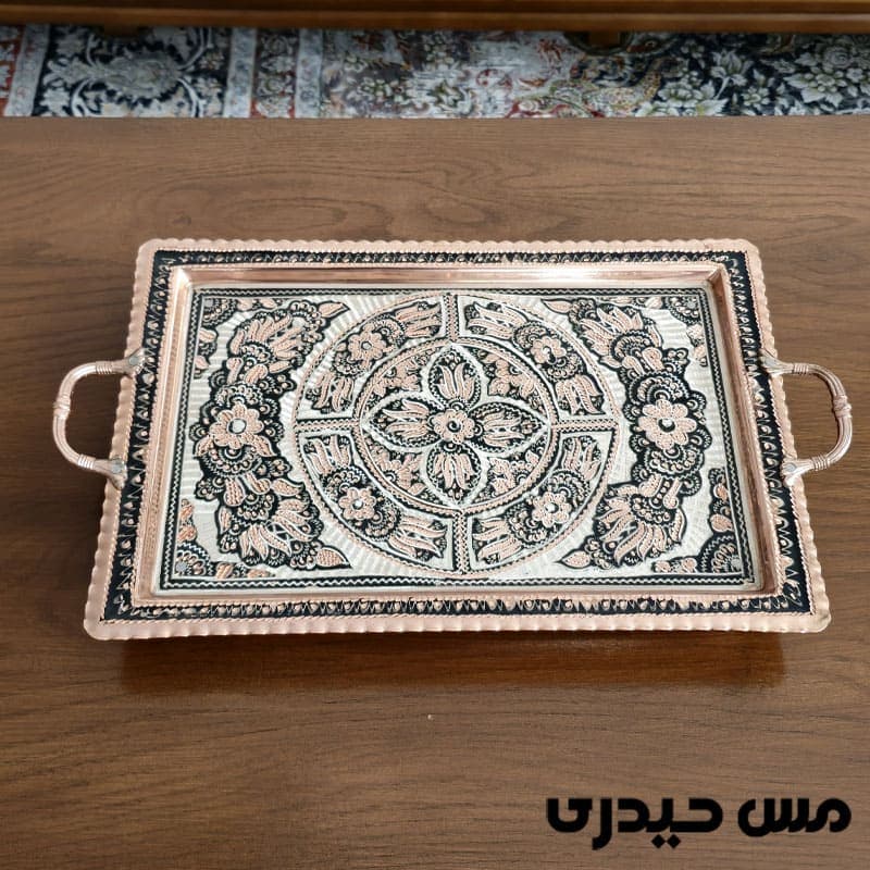 سینی نقره کوب مسی مستطیل طرح رها — تصویر ۲