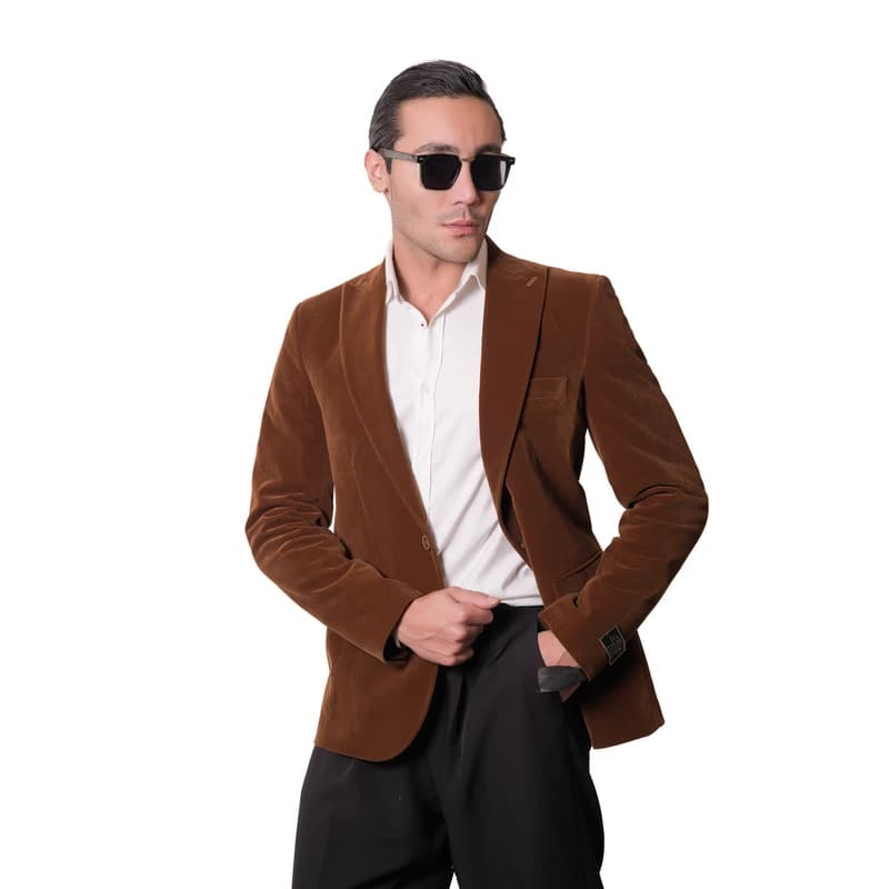 کت تک مردانه مدل مخمل ساده 1-1 رنگ شتری — تصویر ۵
