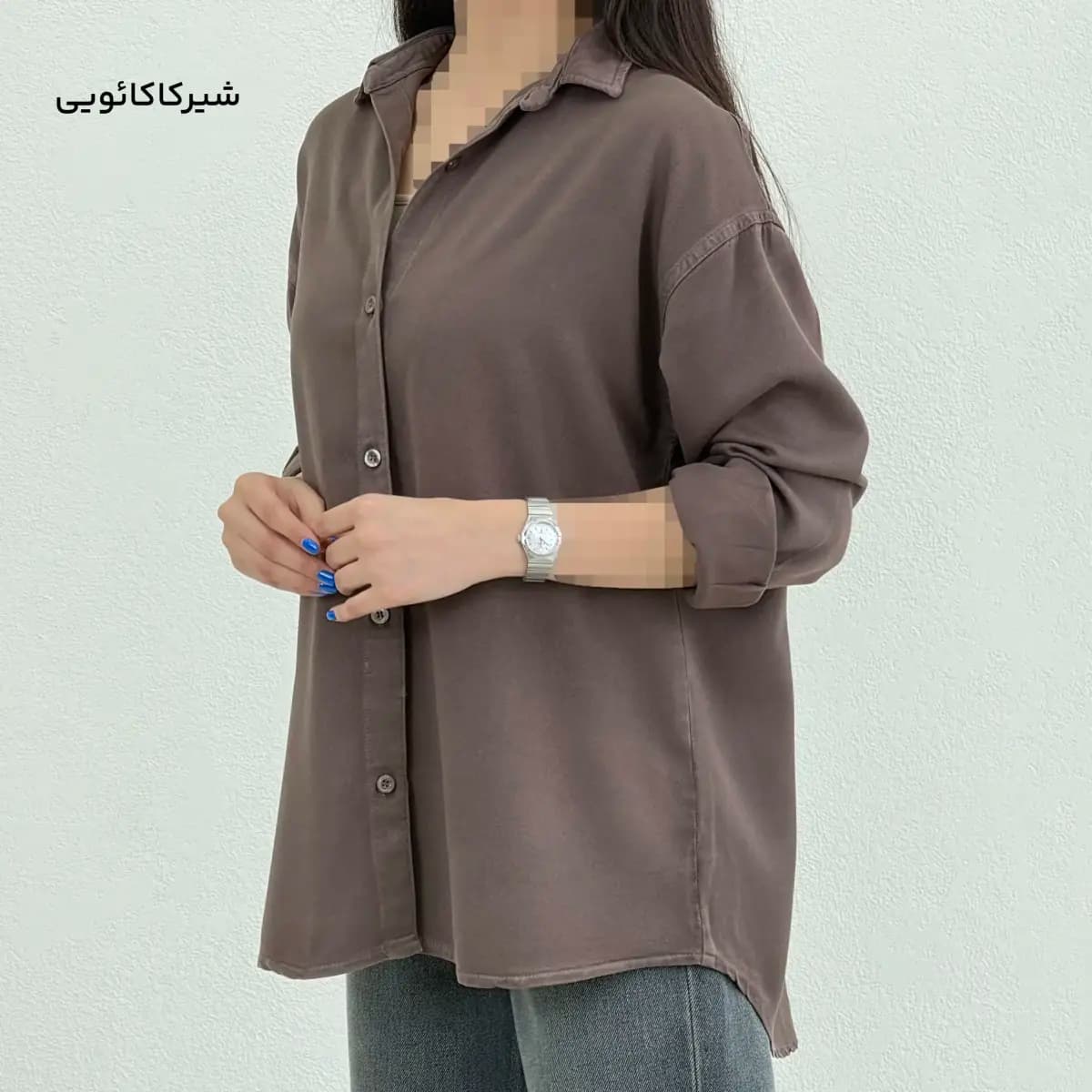 شومیز زنانه کتان سیلک فریسایز با طراحی مردانه و آستین بلند — تصویر ۵