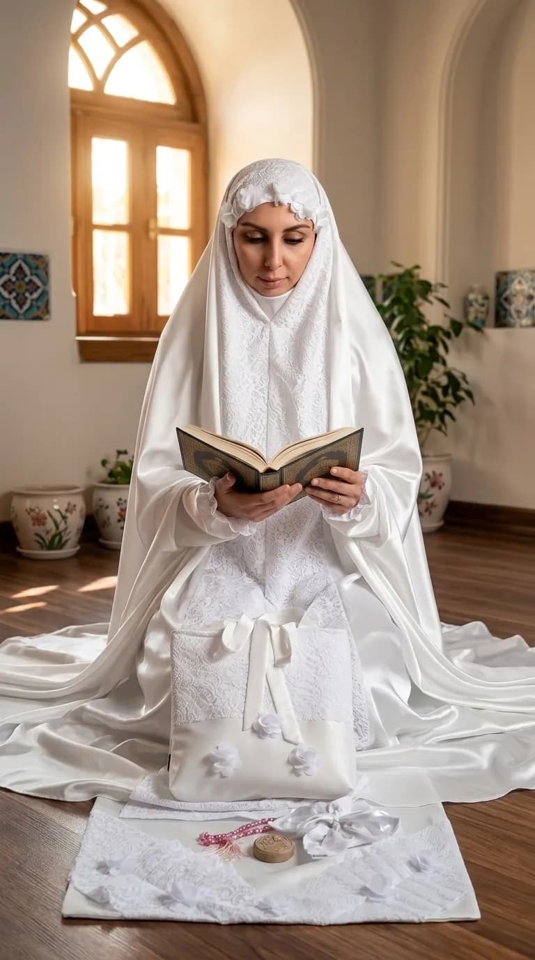 چادر بلند ساتن با گل برجسته — تصویر ۲