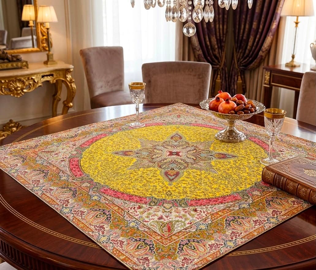 رومیزی ترمه ابریشم طرح پرنیان سایز 1*1