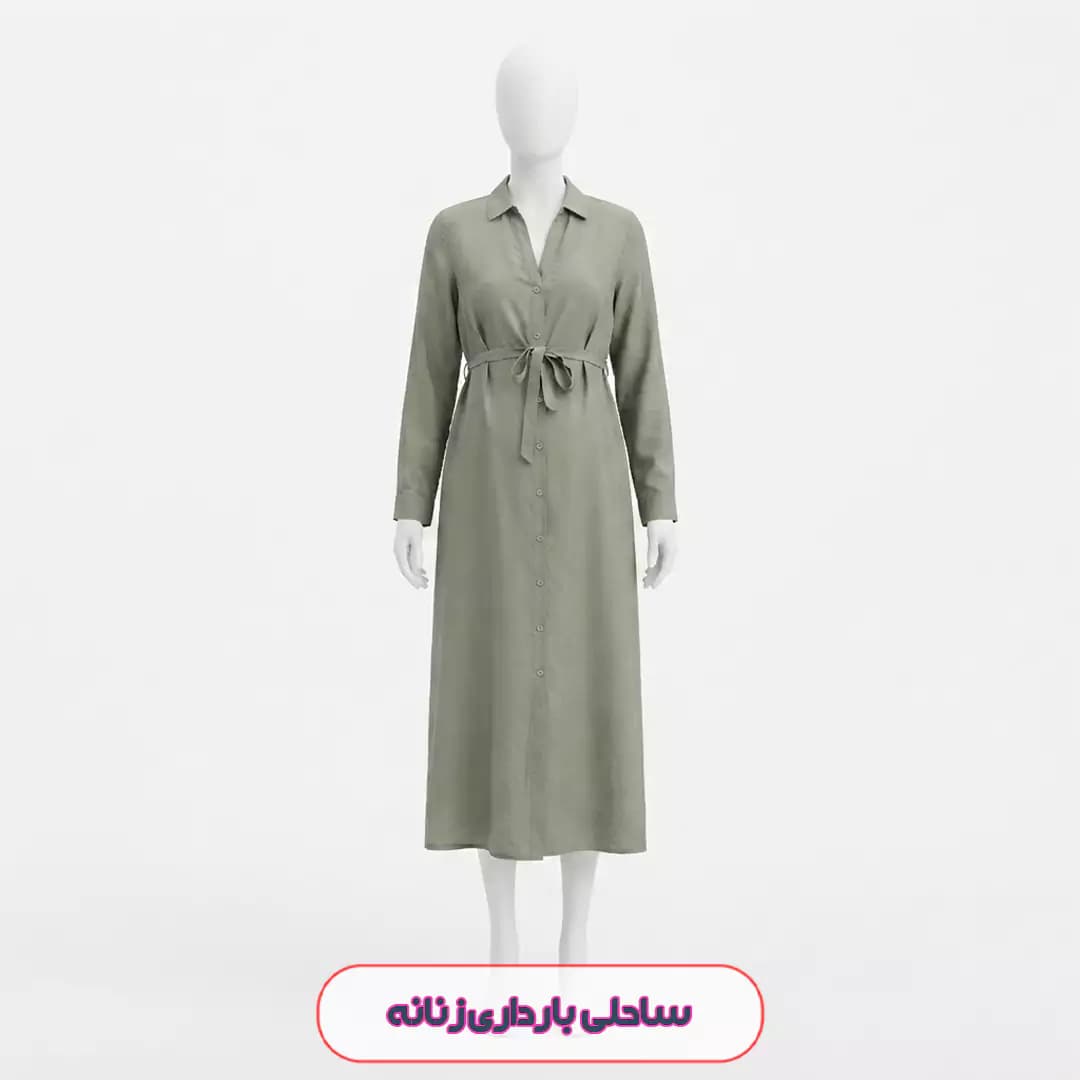 پیراهن ساحلی بارداری سبز زیتونی مکس آستین بلند مدل 57114