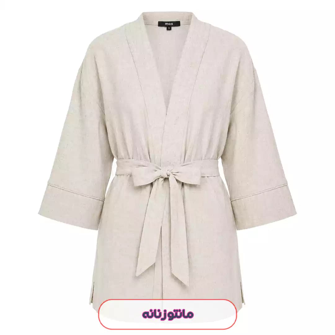 شومیز کیمونو کوتاه لینن کمربنددار مدل 55797