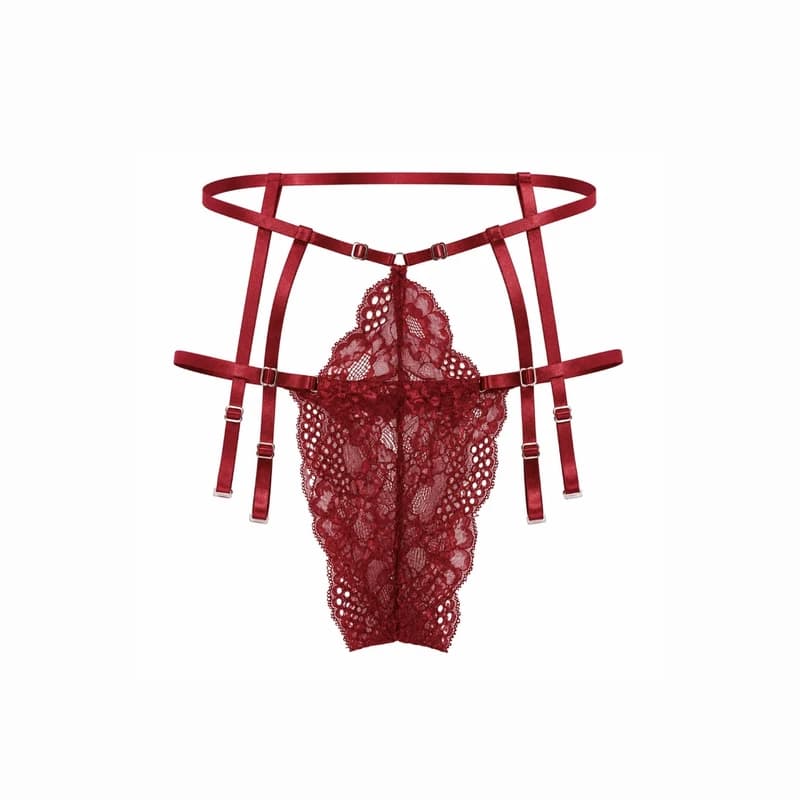 ست لباس خواب فانتزی زنانه 5 تکه Shein زرشکی گیپور 52459 — تصویر ۲