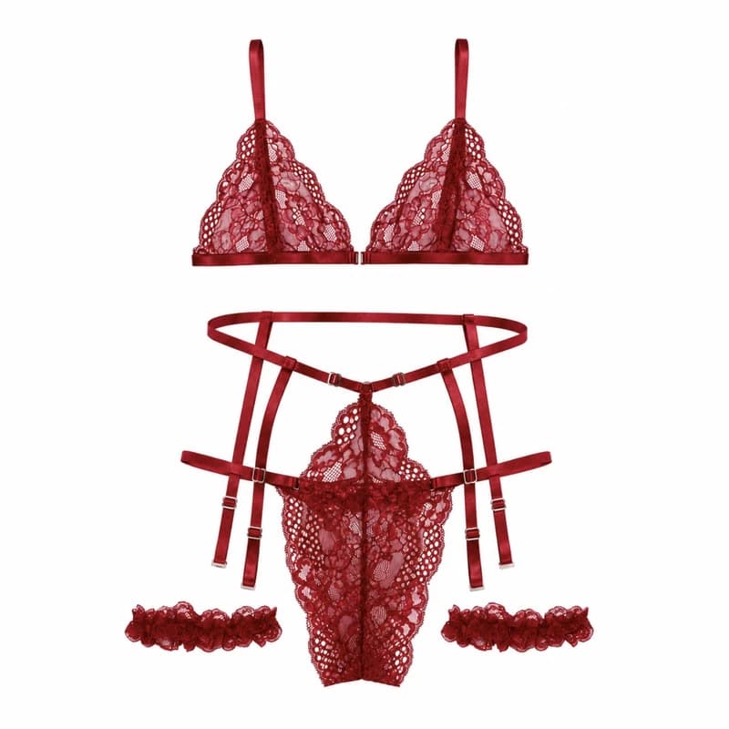 ست لباس خواب فانتزی زنانه 5 تکه Shein زرشکی گیپور 52459 — تصویر ۵