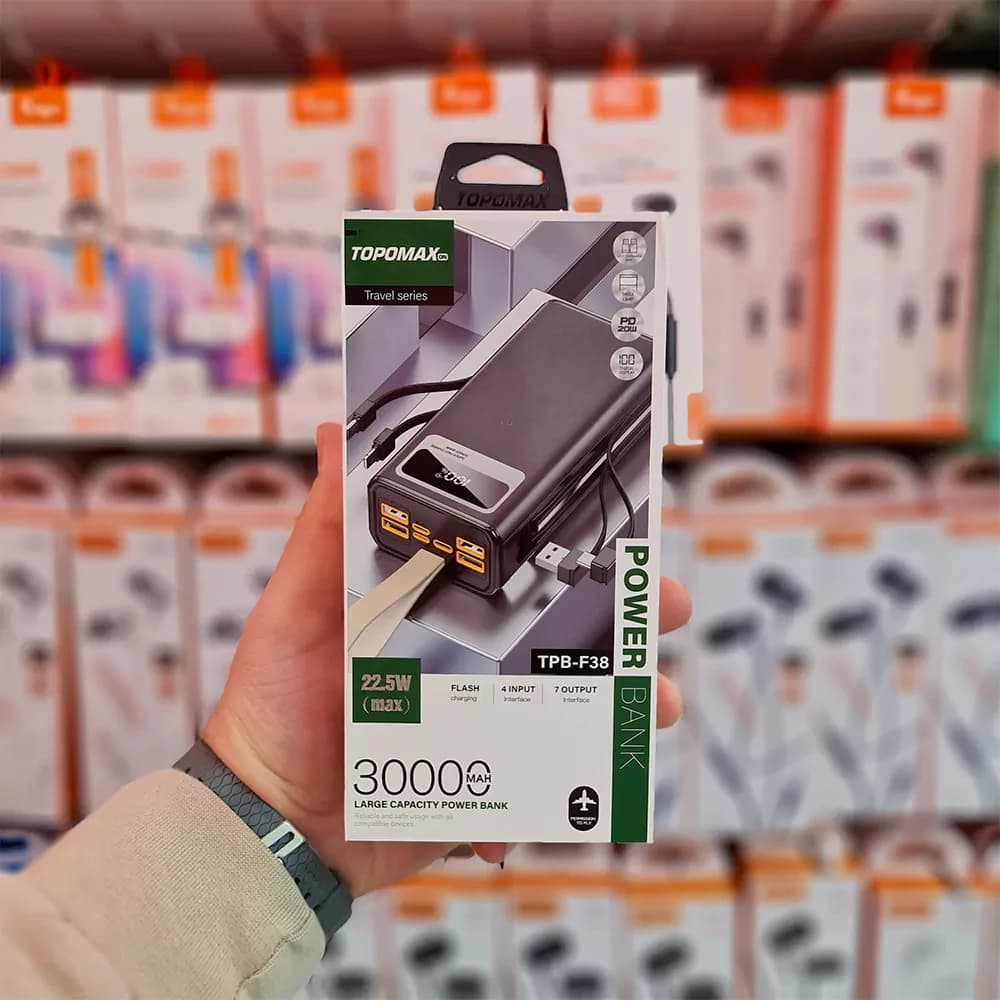 پاوربانک TOPOMAX مدل TPB-F38 توان 22.5W دارای 2 عدد کابل سر خود تایپ سی و لایتنینگ آیفون — تصویر ۷