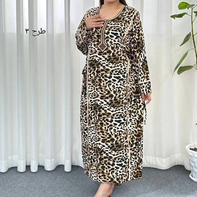 پیراهن ساحلی نخی پلنگی یال دار یقه گلدوزی کد29256 — تصویر ۵