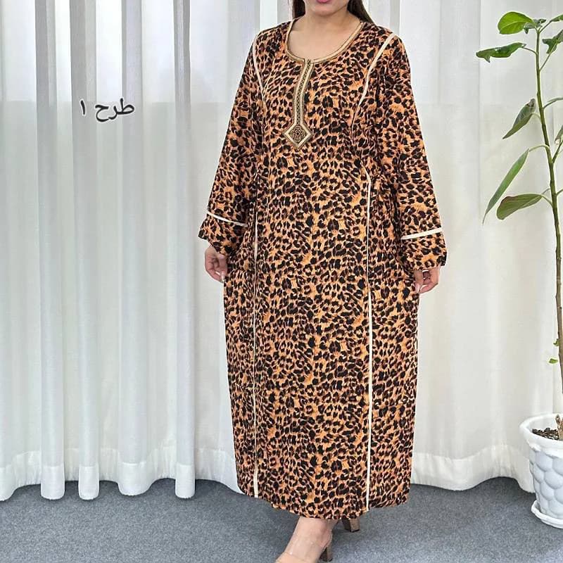 پیراهن ساحلی نخی پلنگی یال دار یقه گلدوزی کد29256 — تصویر ۲