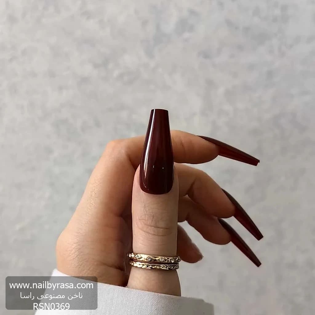 ناخن مصنوعی رنگی ساده رنگ زرشکی گلدانی بلند براق راسا – RSN0369