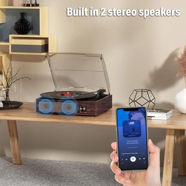 گرامافون رومیزی چوبی با گیرنده بلوتوث با اسپیکر داخلی مدل M49A — تصویر ۵