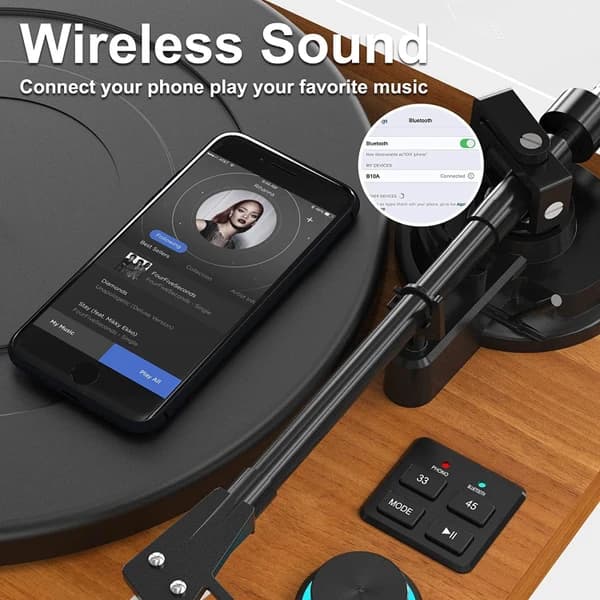 گرامافون چوبی رومیزی با سیستم HiFi و بلوتوث،دو اسپیکر جانبی مدل B10A — تصویر ۶