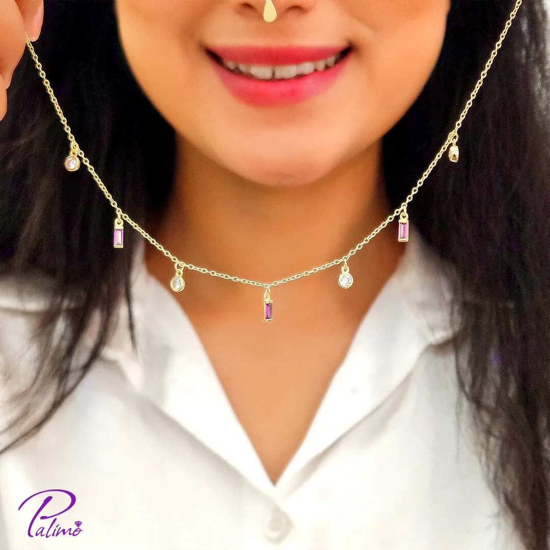گردنبند نقره نگین بنفش کد N2258 با روکش طلا 18 عیار — تصویر ۳